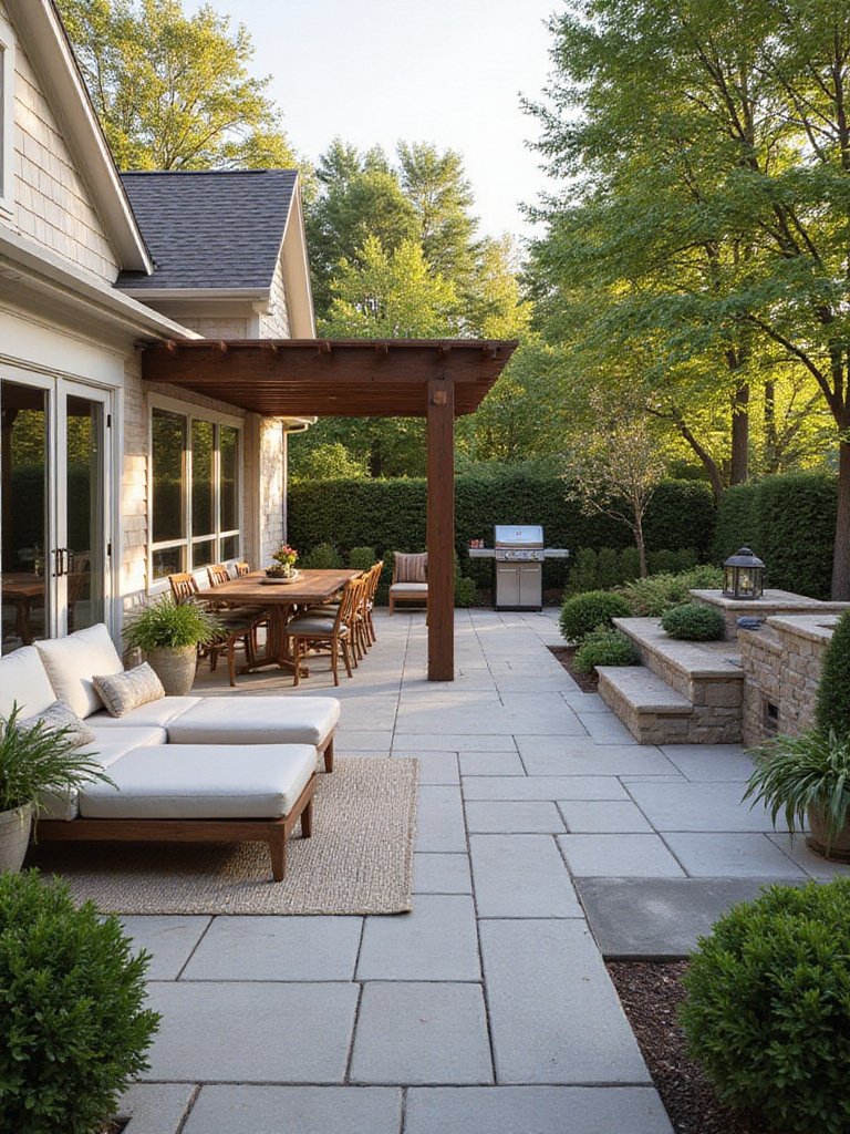 A beautifully zoned backyard patio layout featuring distinct areas for dining, lounging, and cooking, designed for optimal functionality and flow.