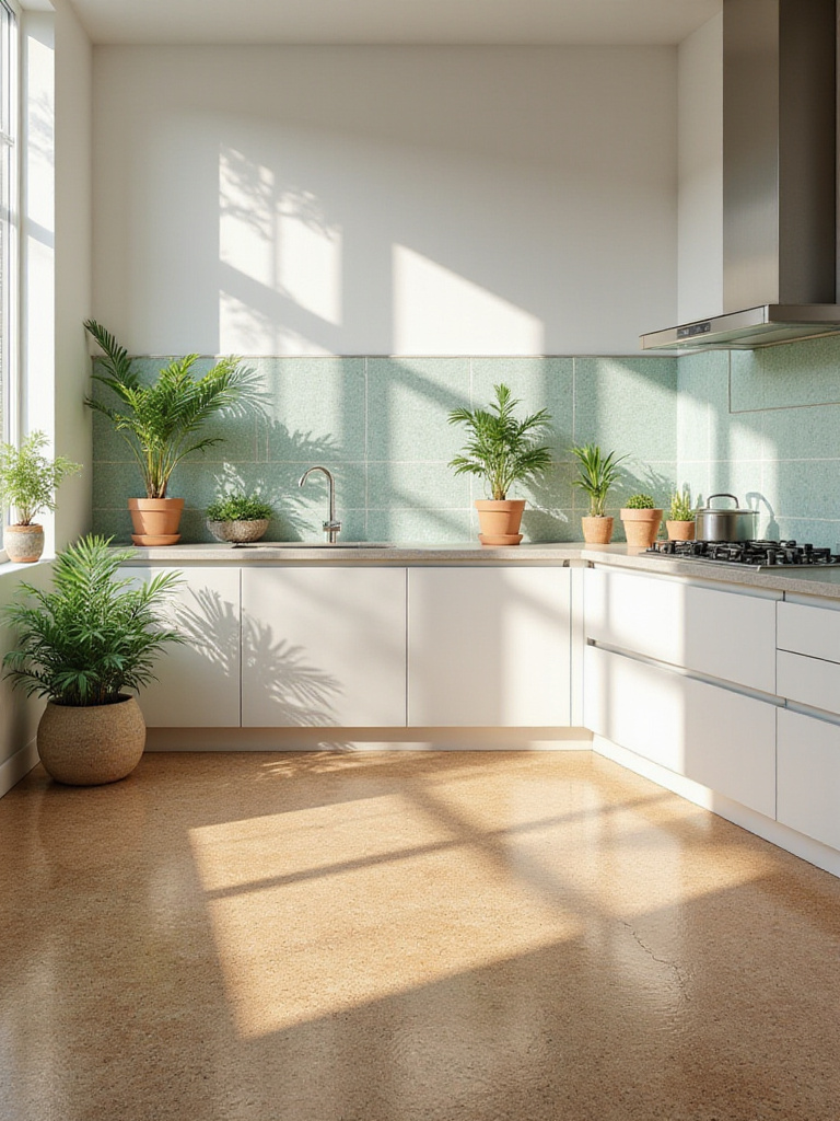 Kitchen featuring sustainable and eco-friendly tiles like recycled glass and cork, with natural light and potted plants.