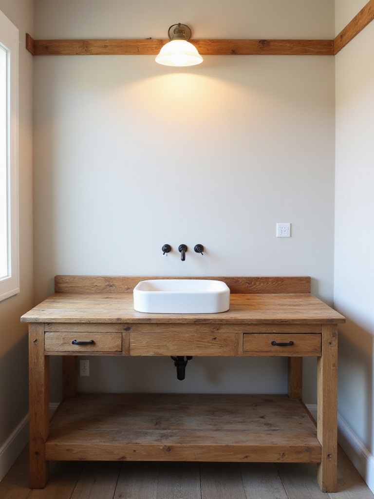 Portrait of a farmhouse vanity securely anchored to the wall with ledger and lag screws, in a bright bathroom.