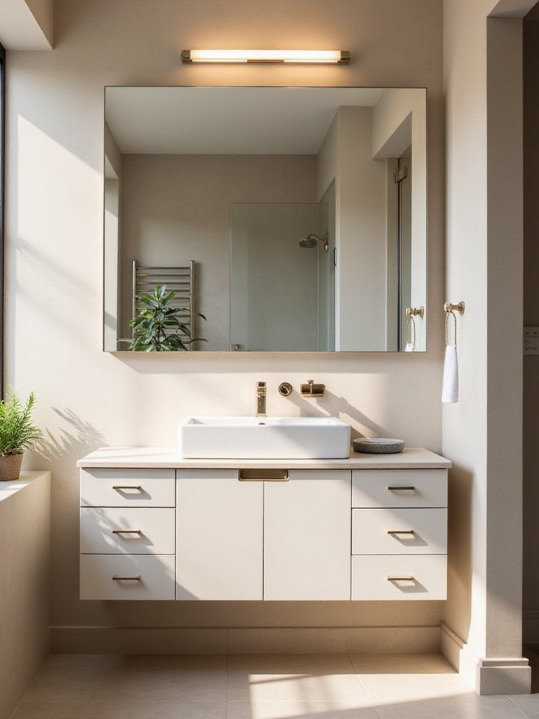 Portrait view of a small bathroom with a large wall-to-wall mirror reflecting light