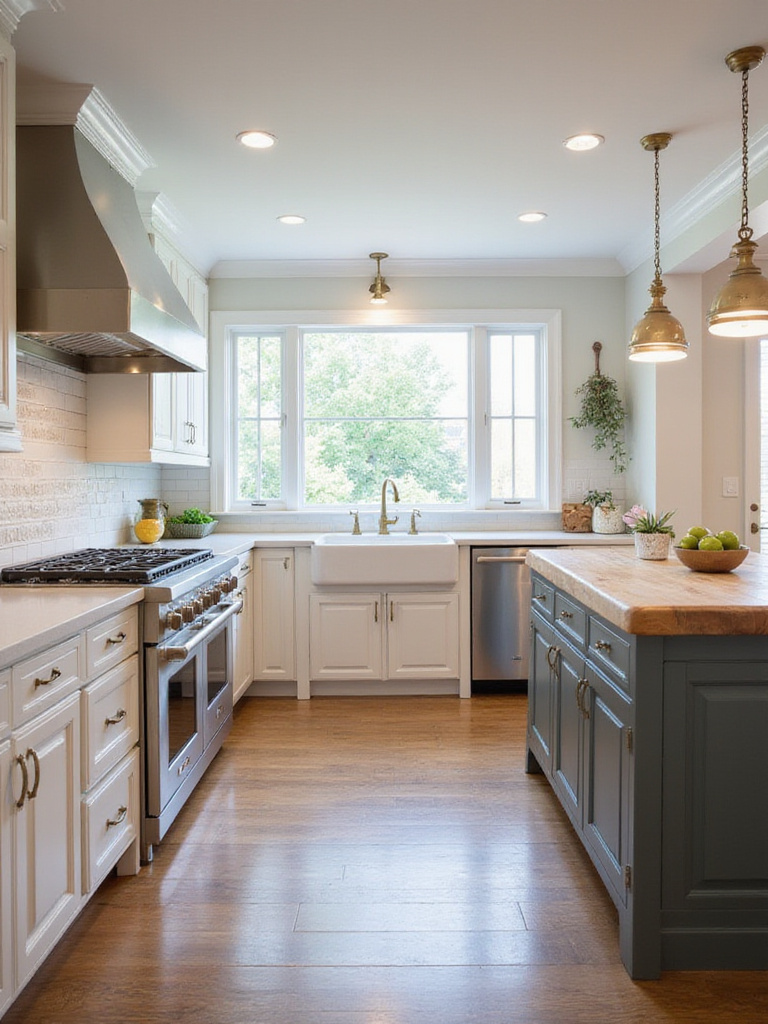 A traditional kitchen with a well-planned layout, showcasing optimal functionality and clear work zones with classic cabinetry and hardwood floors.