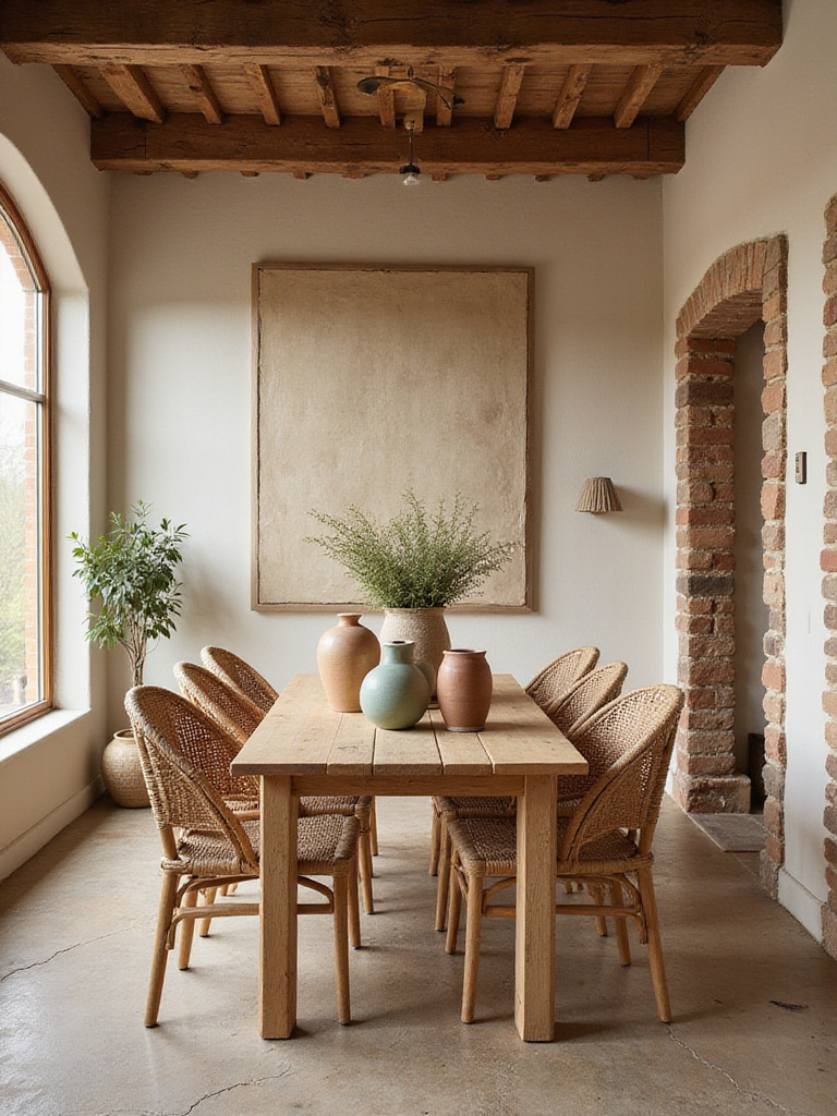 Portrait of a rustic dining room with a warm color palette, cozy textures and natural wood