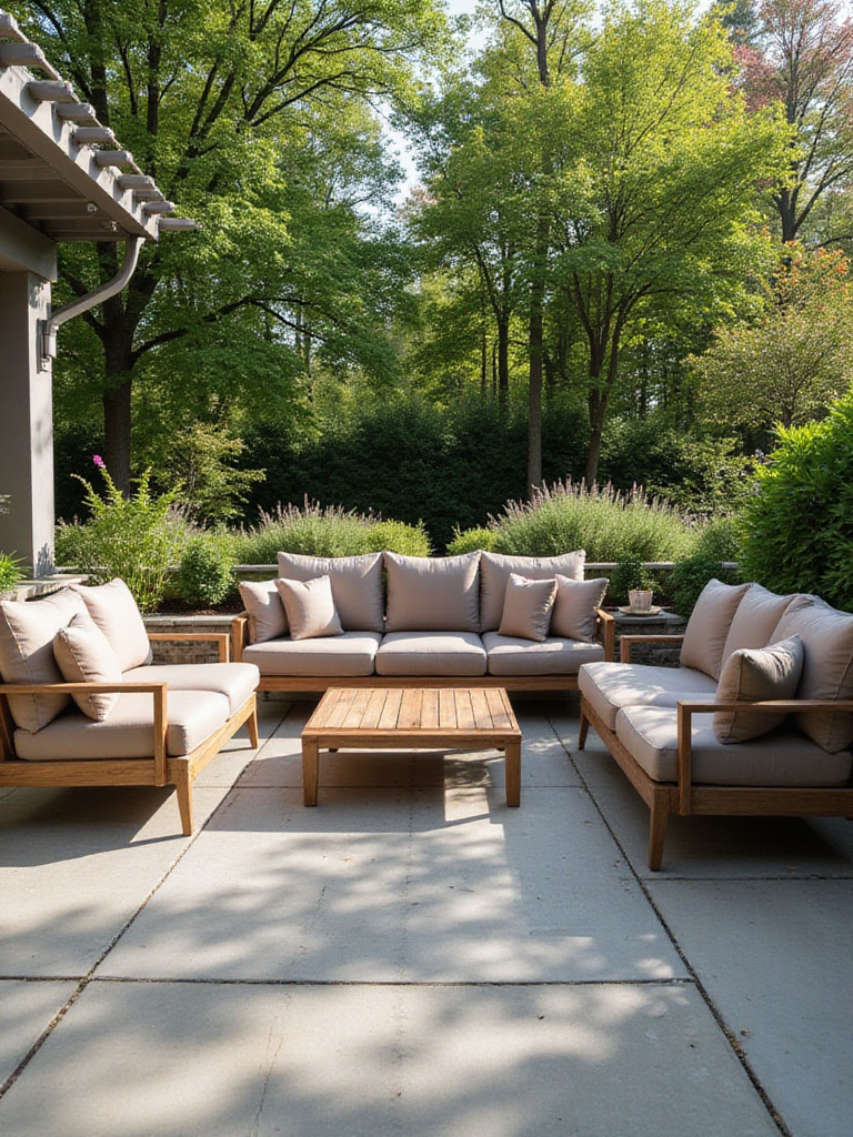 A stylish outdoor living area with comfortable, deep-seated weather-resistant patio furniture, including sofas and armchairs with plush cushions, on a stone patio surrounded by lush greenery under soft sunlight.