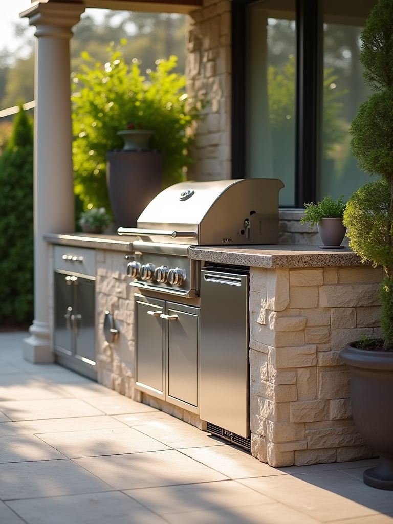 Modern outdoor kitchenette with built-in grill, sink, and mini-fridge on a stylish patio, ready for entertaining.