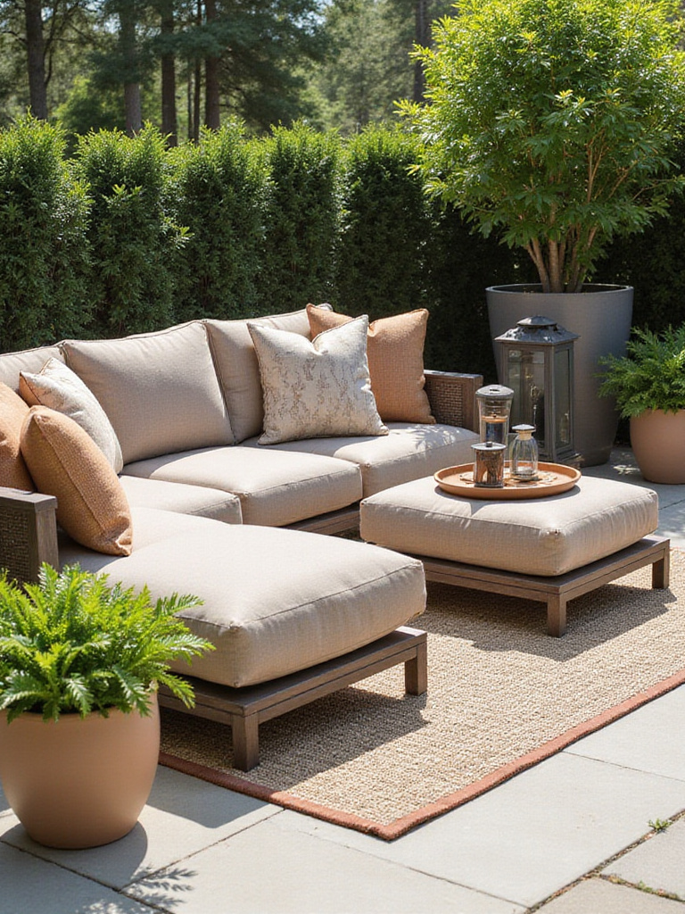 A beautifully decorated patio with stylish and durable outdoor cushions, throws, potted plants, and ambient lighting, showcasing quality outdoor accessories and decor.