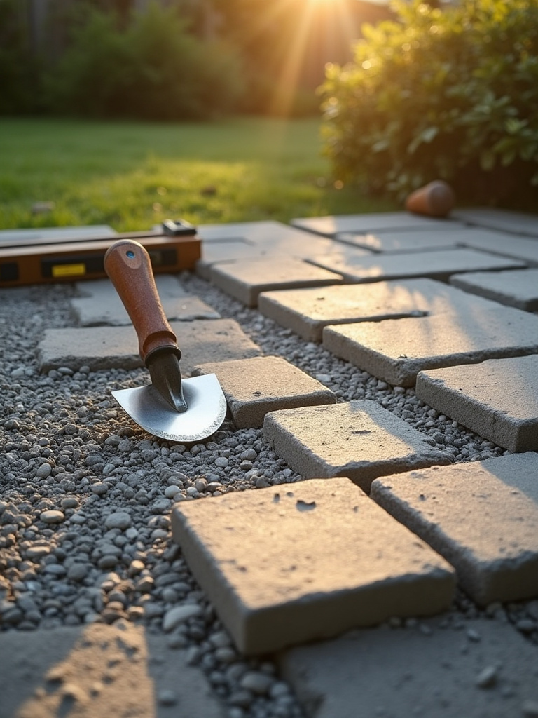 Close-up view of a partially installed backyard patio, showing neatly laid gray square pavers over a compacted gravel base, with a hand trowel and level beside them, emphasizing meticulous technique.