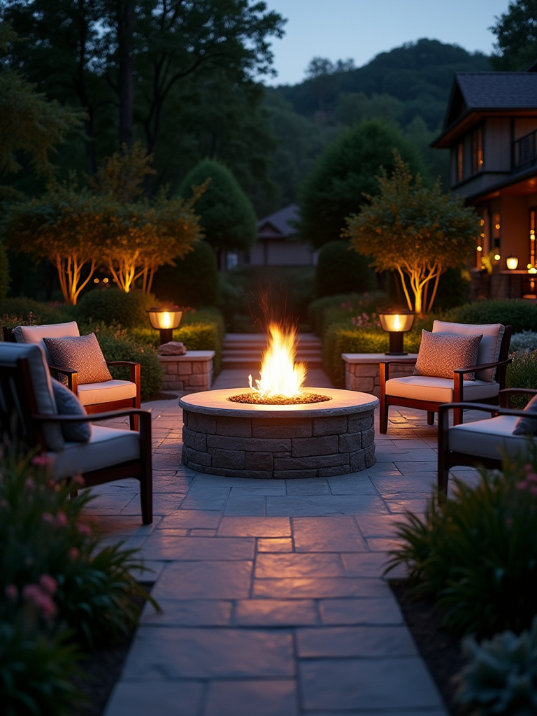 Circular stone fire pit with flames, surrounded by comfortable armchairs on a paved patio at twilight.