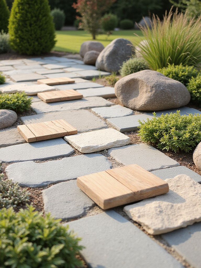 Close-up of organized patio design materials like pavers, wood samples, and miniature plants on a work surface, symbolizing meticulous patio budget planning and project timeline establishment.