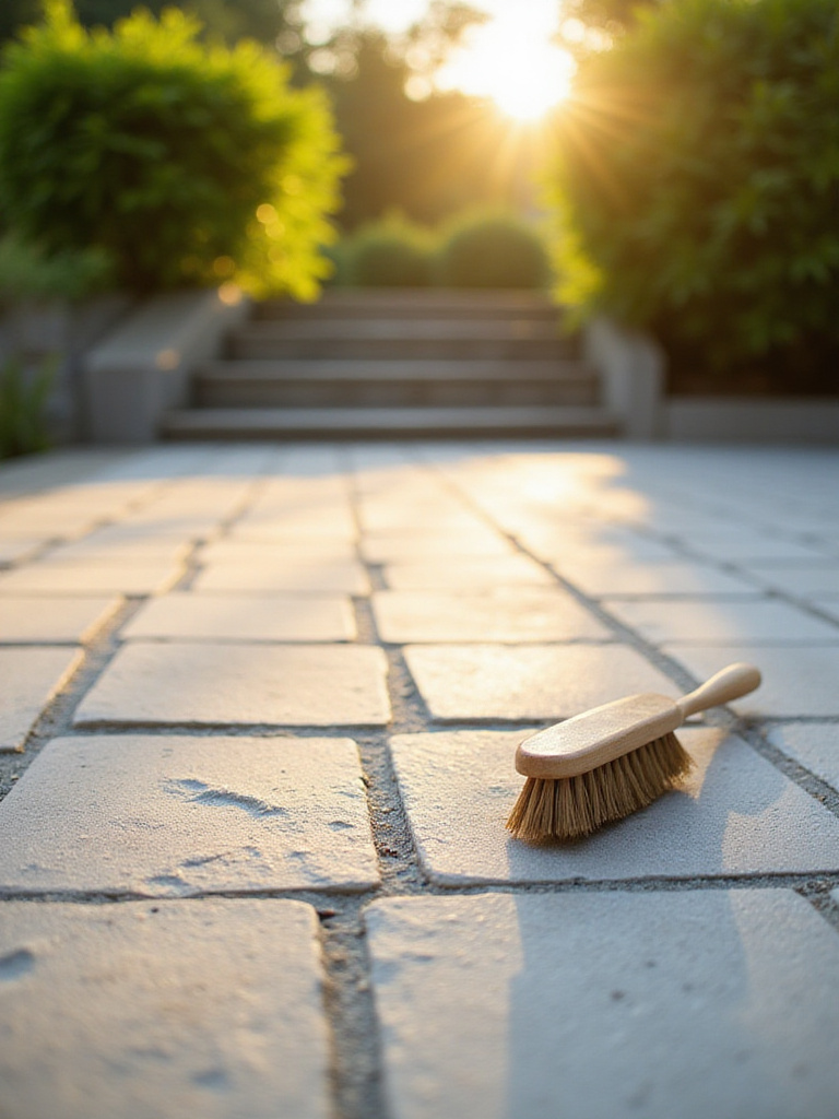 A clean and well-maintained backyard paver patio showing sparkling surfaces, hinting at a regular cleaning routine.