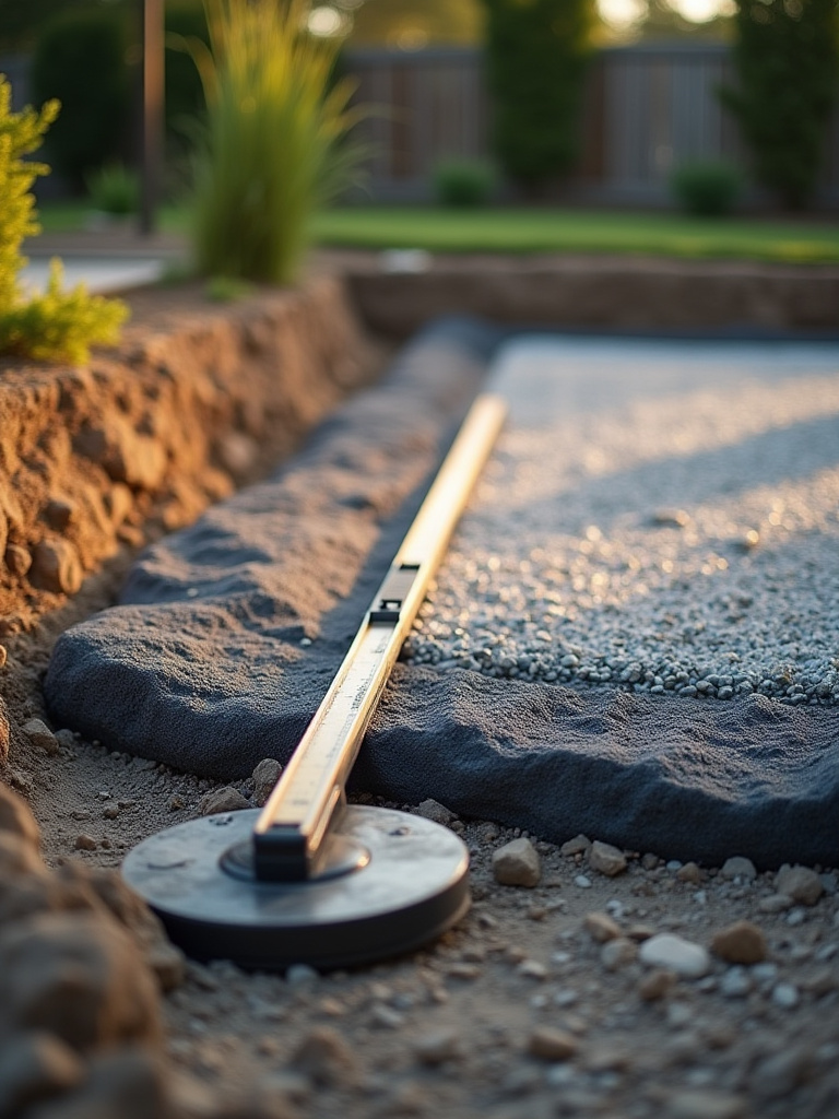 Detailed view of a patio sub-base being constructed, showing layers of crushed stone, geotextile fabric, and a plate compactor, emphasizing durability.