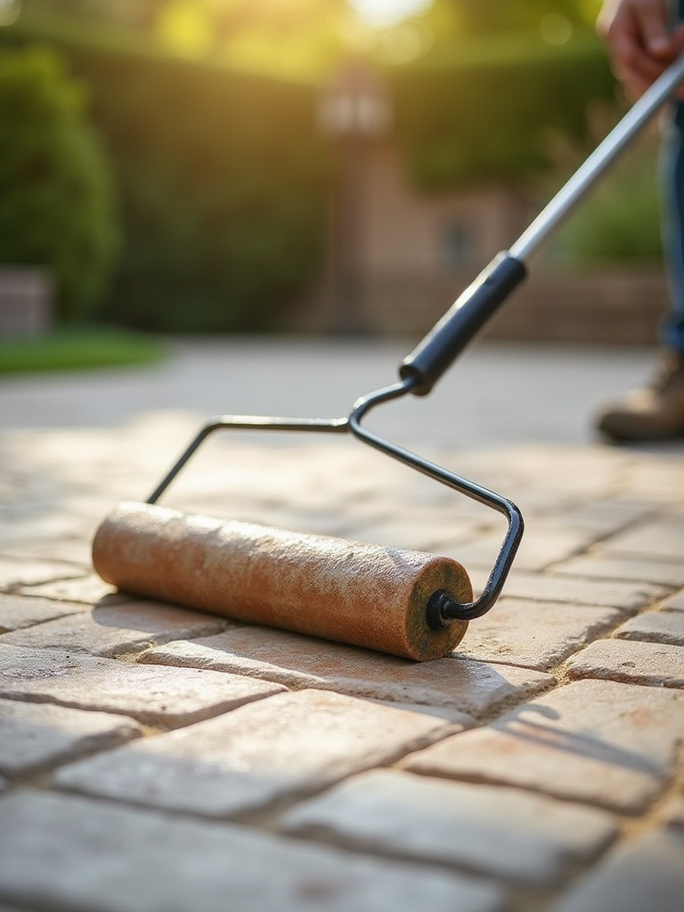 A long-handled roller applying a clear protective sealant onto an interlocking paver patio, enhancing its natural color and creating a subtle sheen.