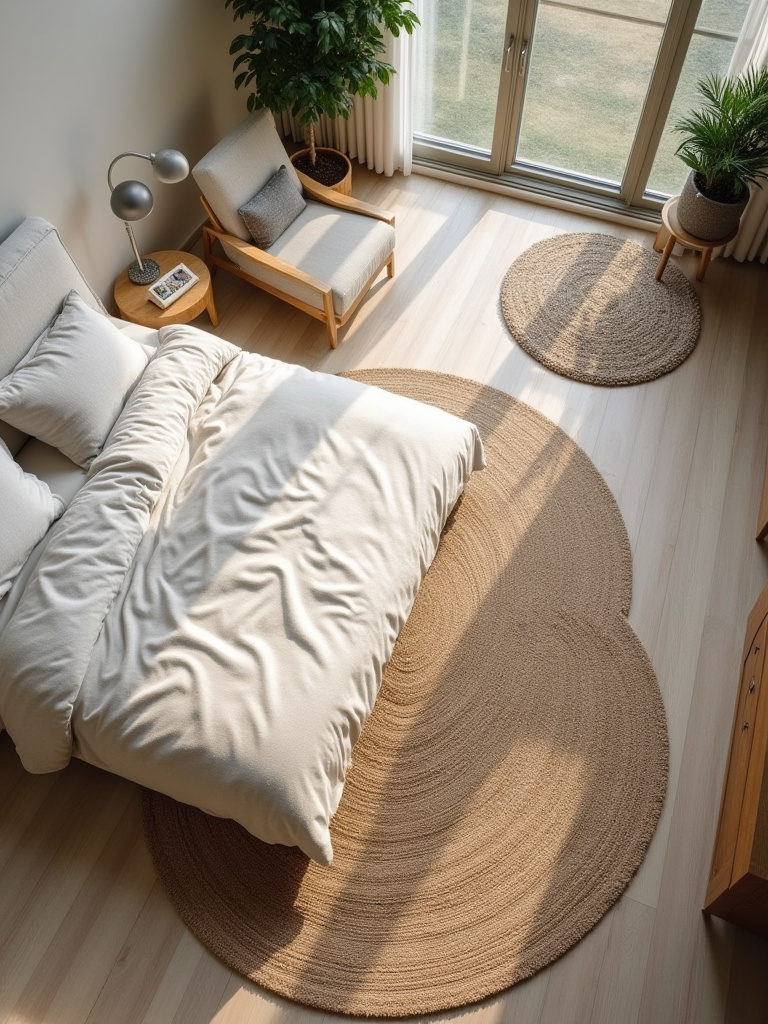 A beautifully styled bedroom showcasing diverse rug shapes including circular, oval, and irregular designs, enhancing space definition and visual flow in a modern setting.