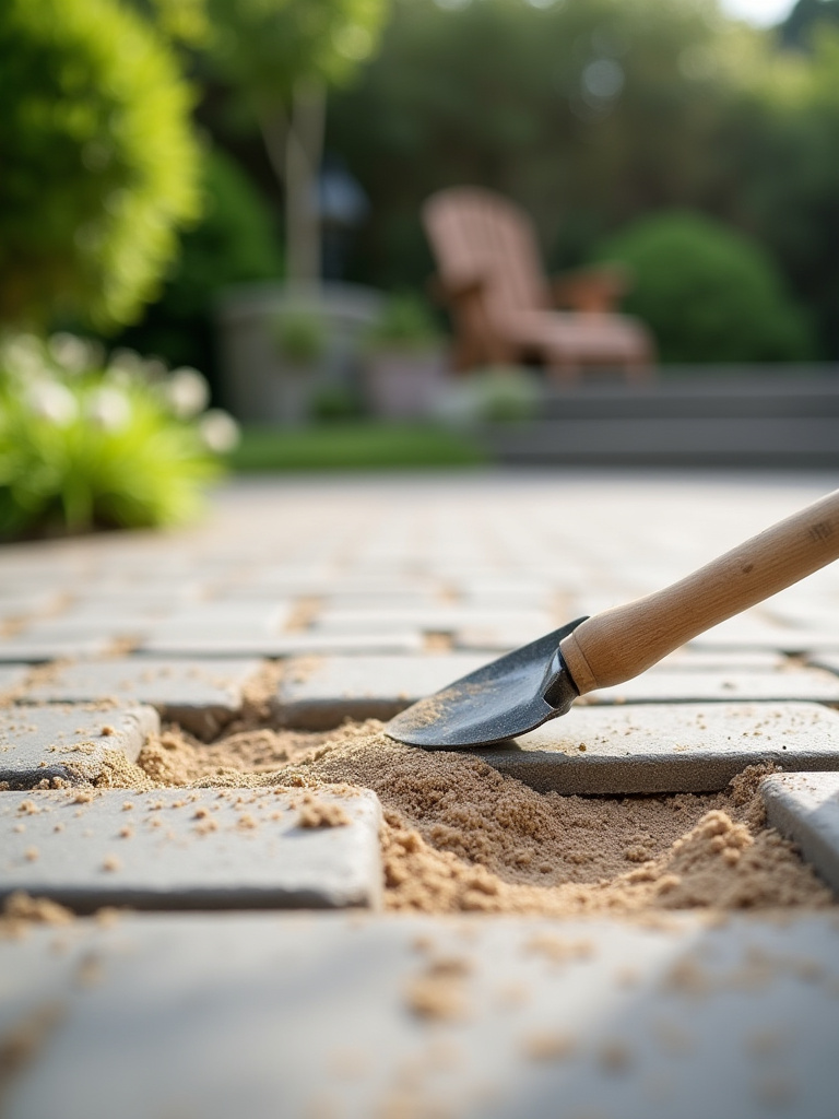 Close-up of a gardener repairing a loose paver on a beautiful backyard patio, showcasing leveled bedding sand and a trowel, under bright daylight.