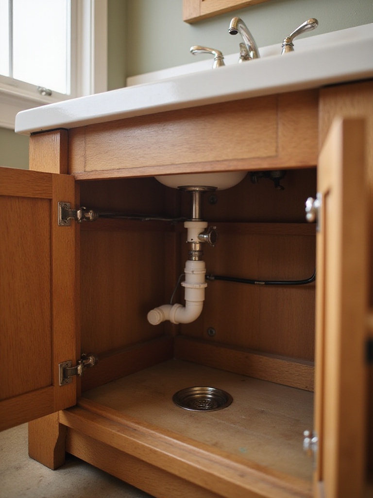 Open farmhouse vanity cabinet showing under-sink plumbing (P-trap, supply lines) in warm-toned wood cabinet.
