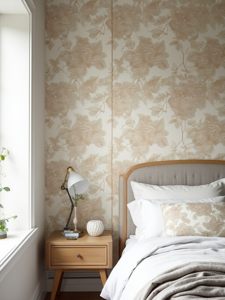 Perfectly aligned floral wallpaper pattern with an invisible seam on a bedroom wall, showcasing professional wallpaper installation.