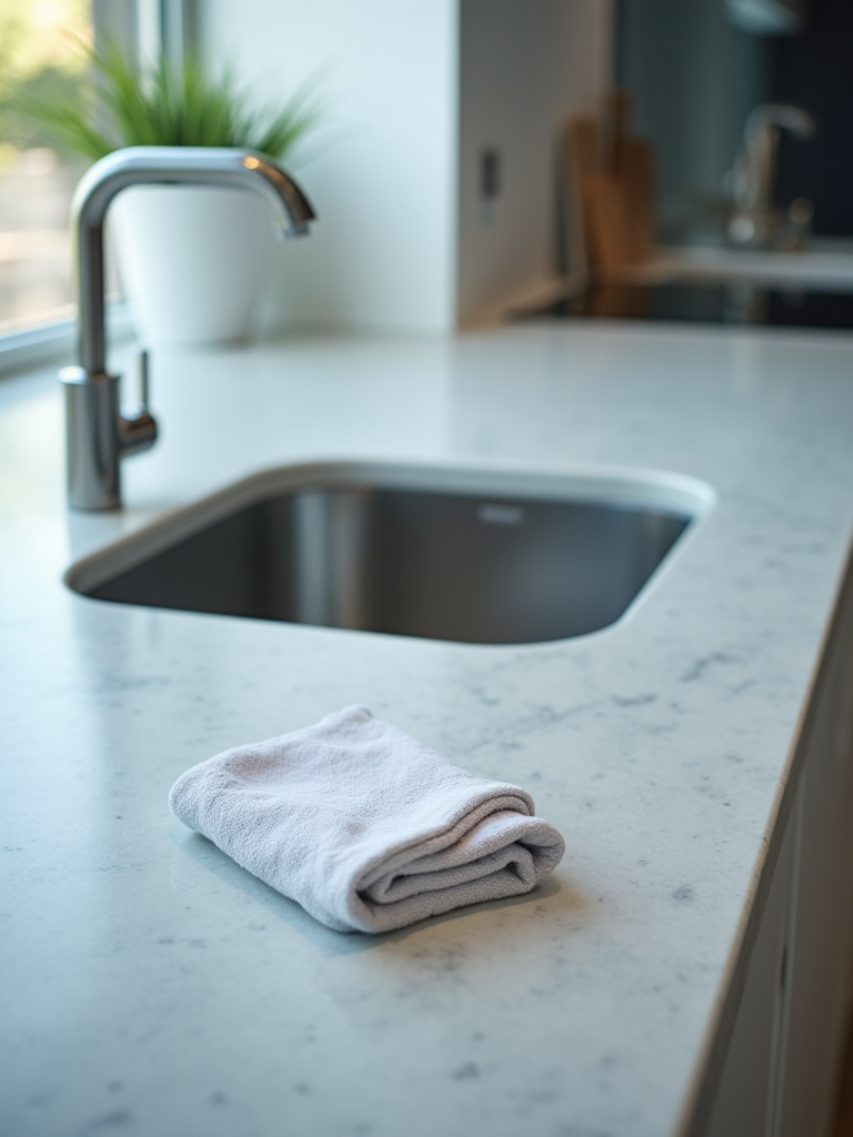 A meticulously clean modern kitchen countertop with a gleaming sink and faucet, symbolizing effective post-remodel maintenance.