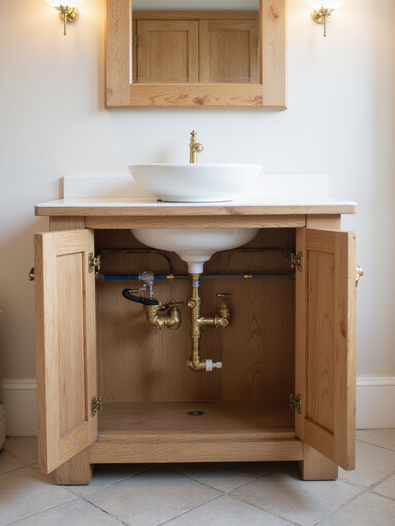 Portrait view of farmhouse vanity plumbing with exposed pipes inside the cabinet