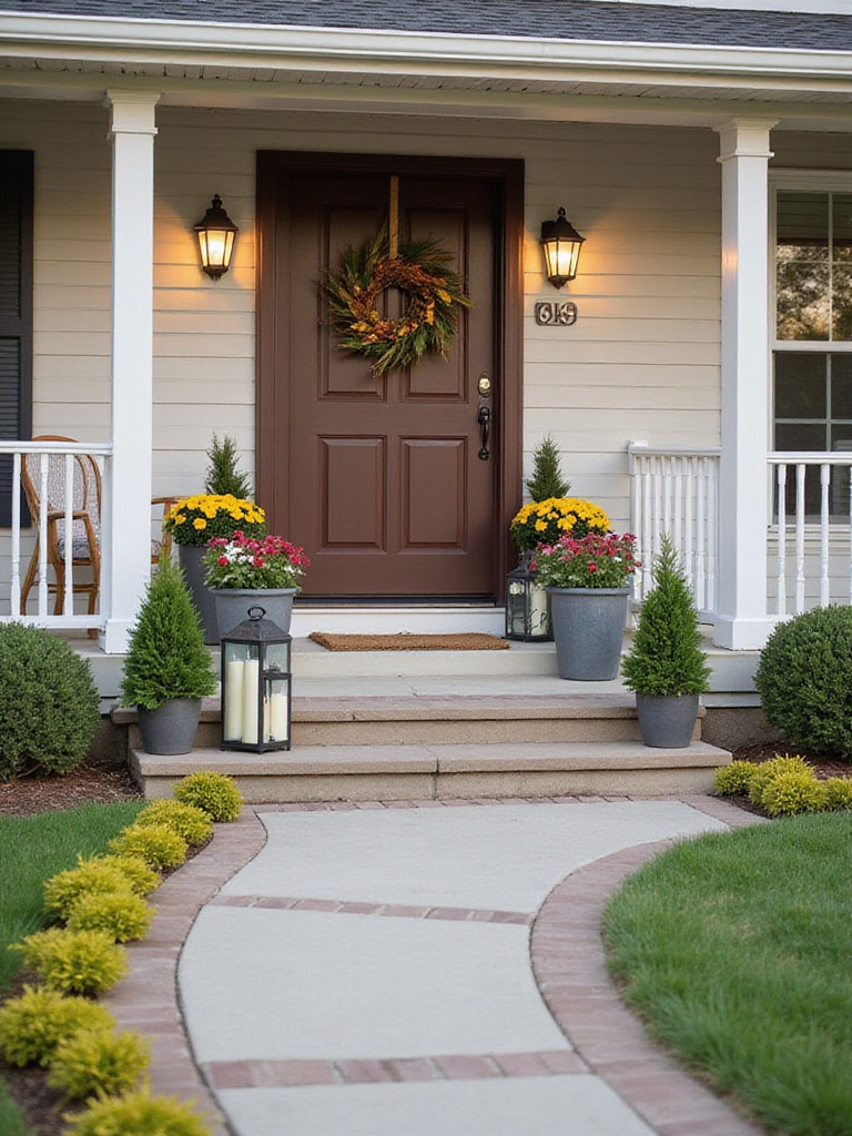 Front yard with updated seasonal decor elements on porch and pathway