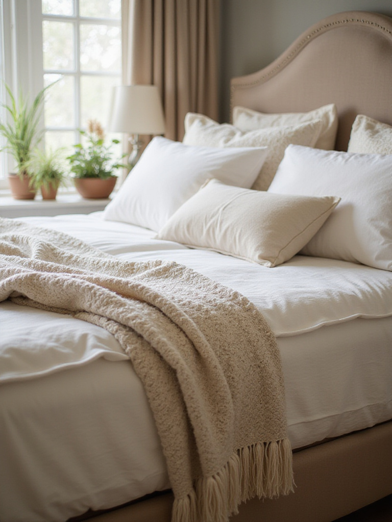 A luxuriously made bed with layers of pristine white and cream bedding, plump pillows, and a soft throw, suggesting an upgraded mattress and plush, cozy bedding for ultimate sleep relaxation in a bright, inviting bedroom.