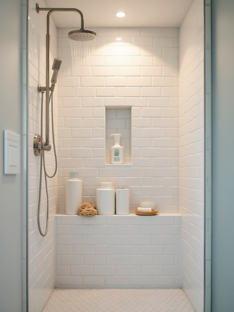 A pristine, modern shower with a built-in tiled niche beautifully organizing shampoo, conditioner, and soap, highlighting an efficient shower organization system.