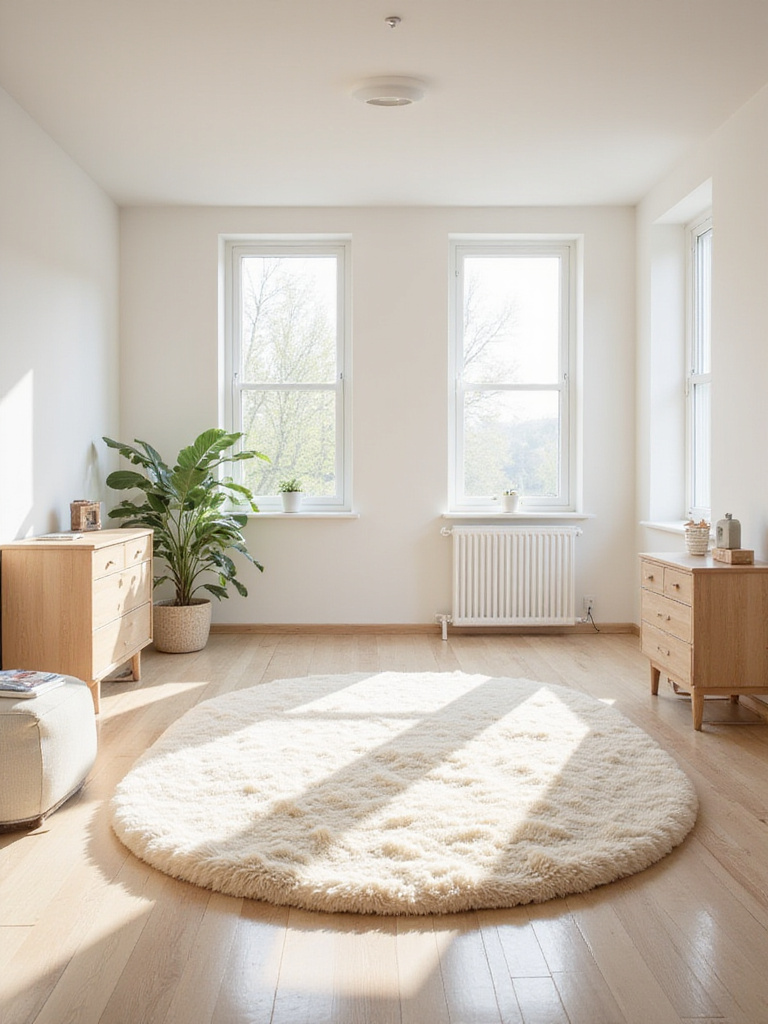Bright bedroom interior with a large cream-colored rug reflecting natural light from a window, enhancing the room's brightness and spaciousness.