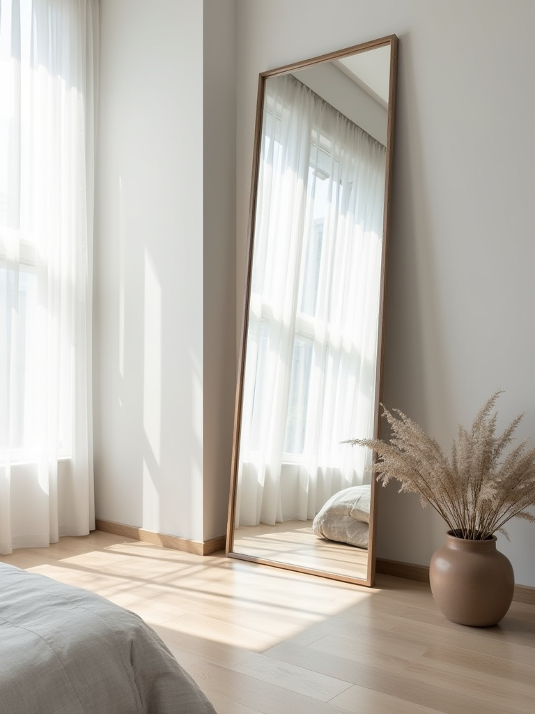 Portrait of a bedroom with a tall floor length mirror opposite a window, reflecting light to create a sense of expanded space