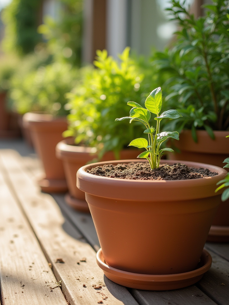 Vertical portrait of patio plants in premium potting mix on a sunny deck