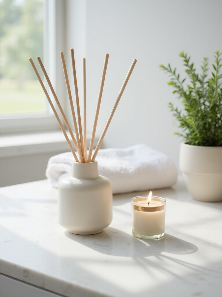 An elegant reed diffuser next to a lit candle on a white marble vanity in a serene, spa-like bathroom, emitting a gentle fragrance with soft, natural lighting.