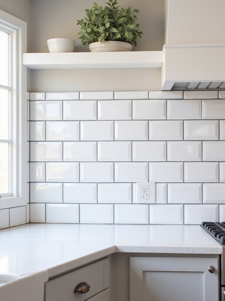 Modern kitchen backsplash featuring glossy white subway tiles with bold charcoal gray contrasting grout, creating a distinct architectural grid pattern and enhancing tile definition.