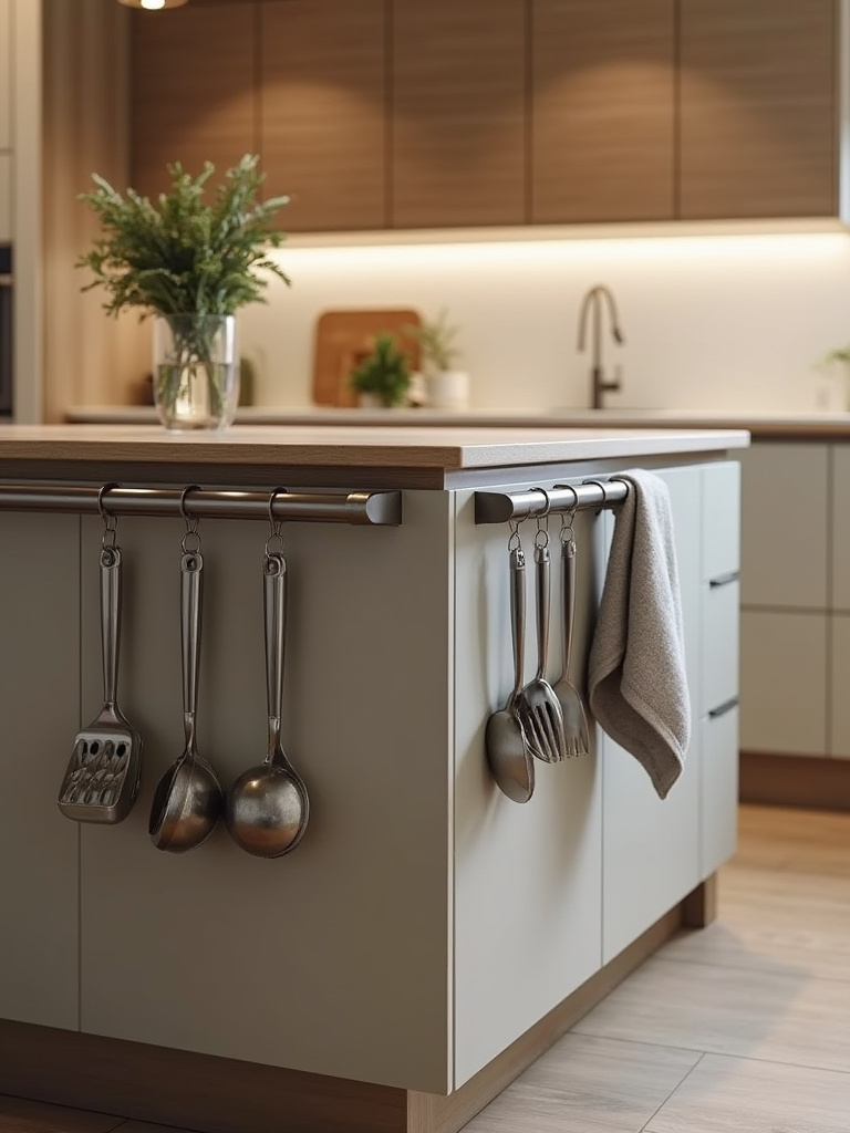 Portrait of a modern small kitchen island with built-in hooks and rails for utensils and towels