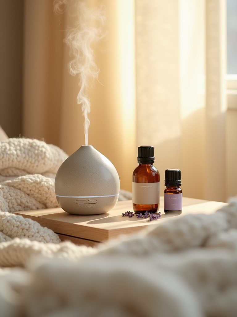A serene bedroom corner with a minimalist essential oil diffuser on a light wooden bedside table, emitting a gentle mist, flanked by amber essential oil bottles and a cozy cream blanket.