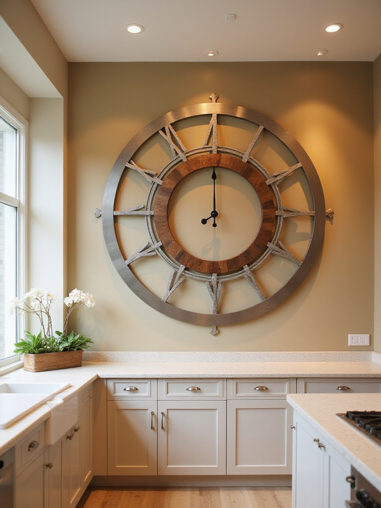 Oversized circular wall sculpture in a modern kitchen