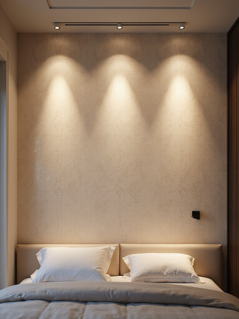 Close-up of a modern bedroom wall with textured wallpaper, beautifully illuminated by concealed LED strip lights to highlight its unique patterns and subtle metallic sheen.