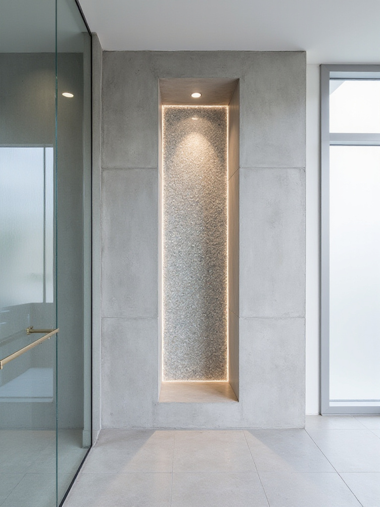 A chic modern bathroom with a glowing shower niche adorned with iridescent mother-of-pearl specialty tiles against polished concrete walls, representing sophisticated design.