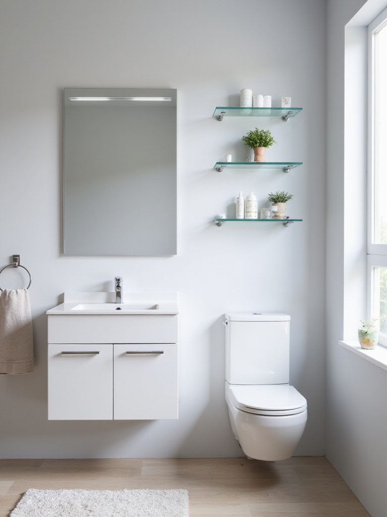 Bright bathroom with floating vanity and open glass shelves, airy and organized