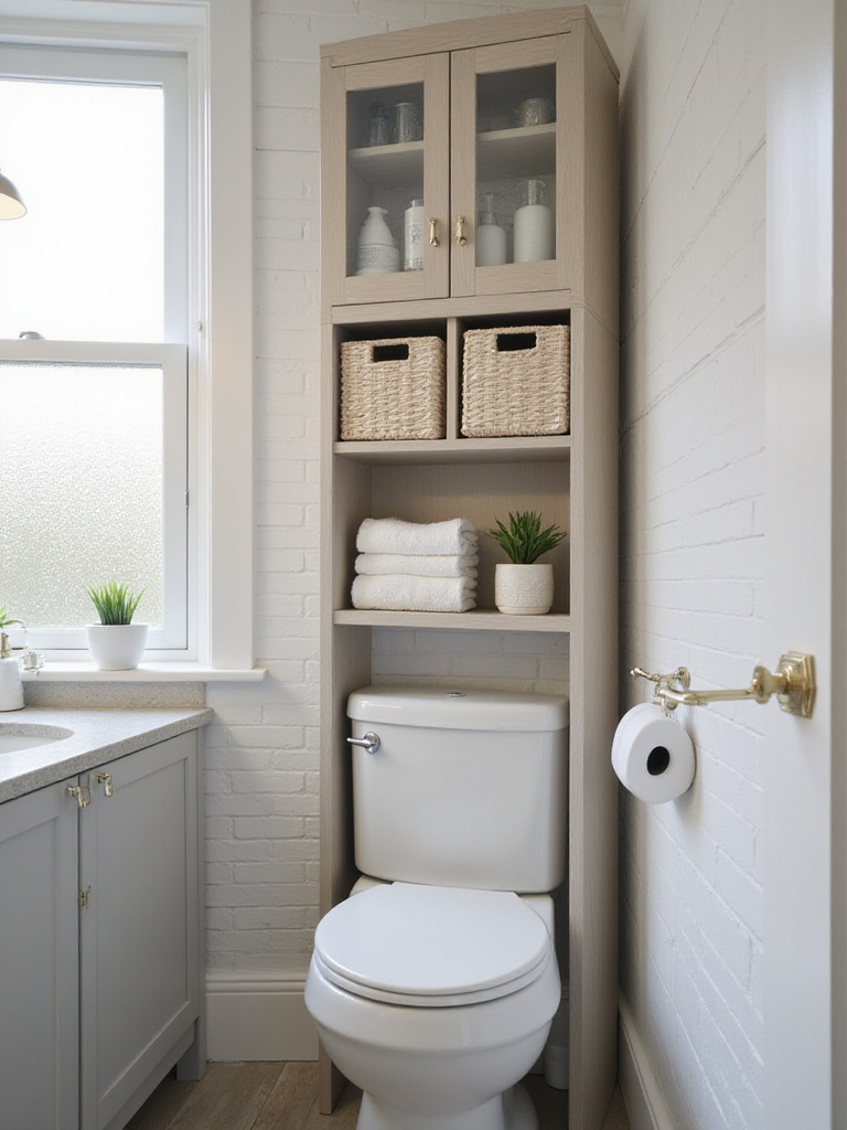 Vertical bathroom with an over-the-toilet storage unit showing organized shelves and towels