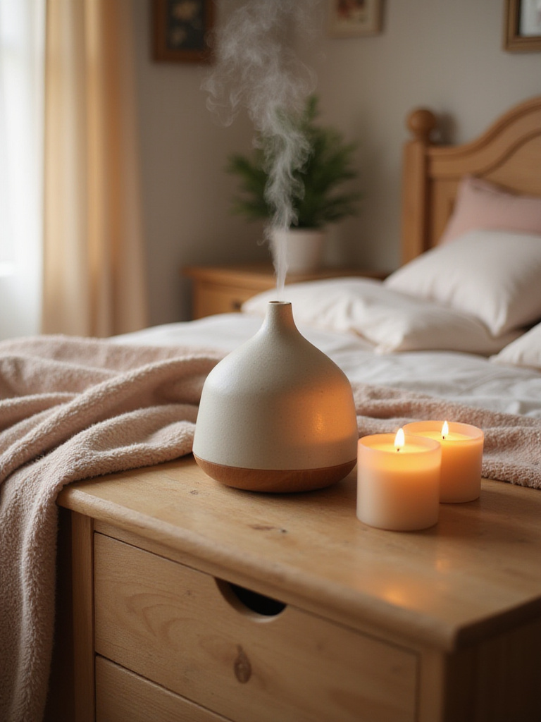 Cozy bedroom with diffuser and candles creating a welcoming aroma