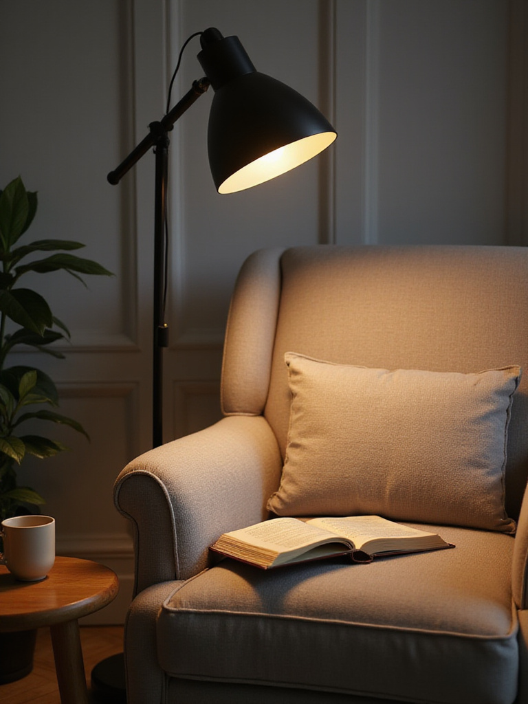 Cozy living room reading nook with a modern adjustable floor lamp providing focused task lighting over an open book on an armchair.