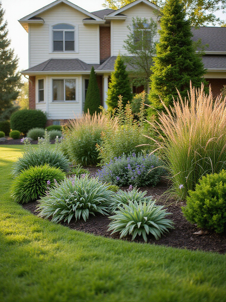 Layered front yard garden bed with varying heights and textures, sunlit