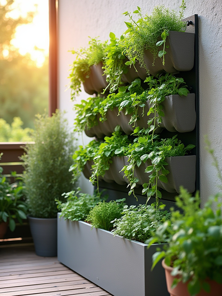 Vertical garden on a sunlit patio wall with layered planters
