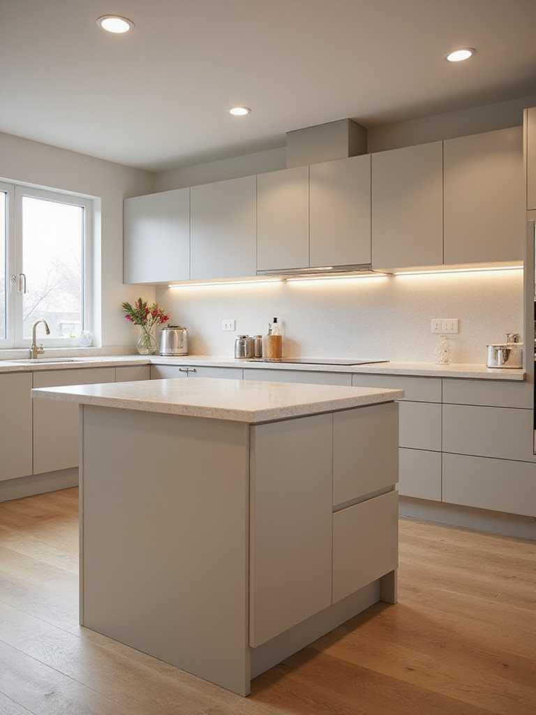 Portrait view of a small kitchen showing island with flow-path lines illustrating the workflow triangle