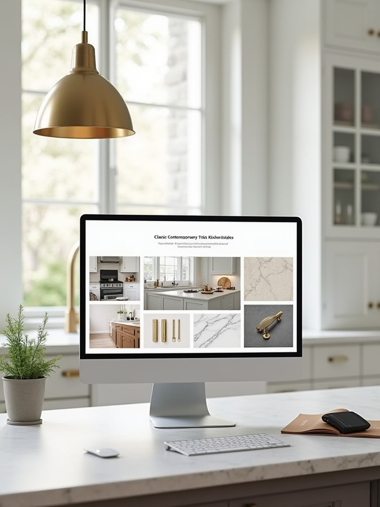 Digital mood board displaying a cohesive classic contemporary kitchen design style with cabinet samples, countertop materials, and lighting fixtures.