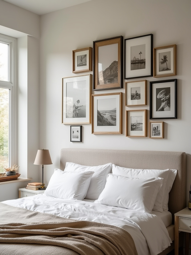 A portrait image of a cozy bedroom featuring a personalized art and photo gallery wall above the bed, with various framed pictures and soft, warm lighting.