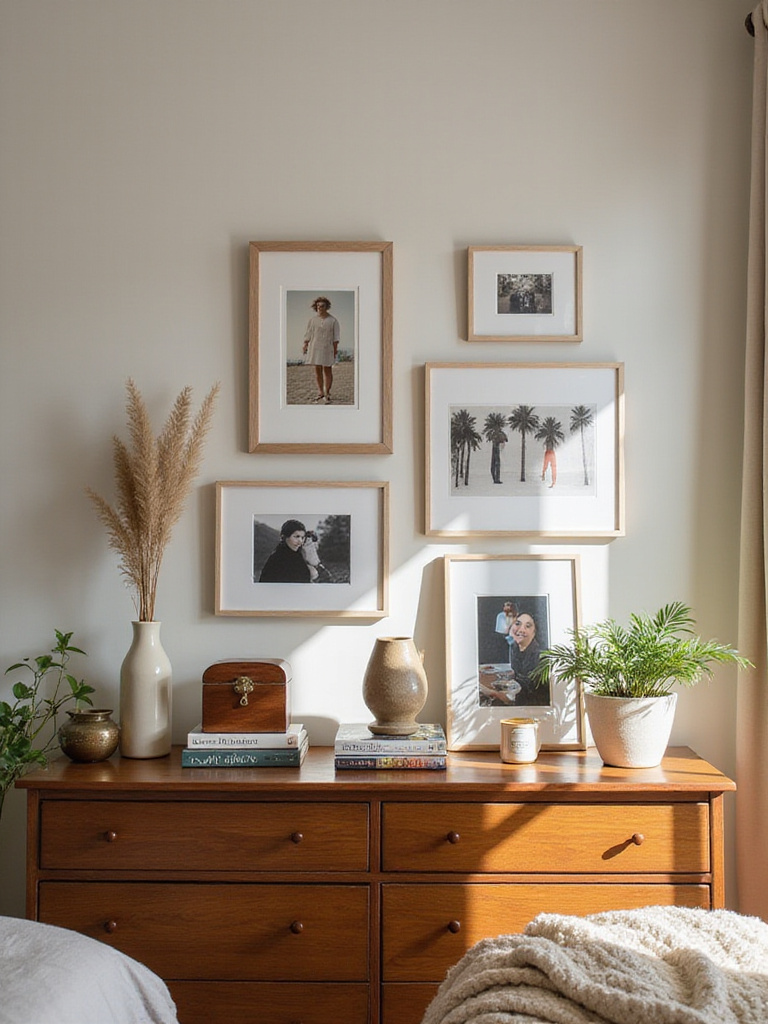Dresser top styled with decorative accents and personal mementos in a cozy bedroom