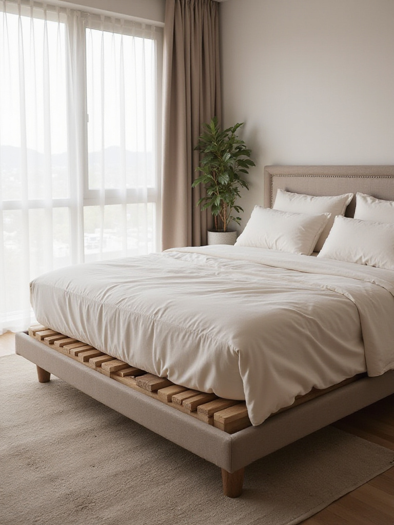 Portrait of a modern bedroom bed on a sturdy platform foundation with natural light