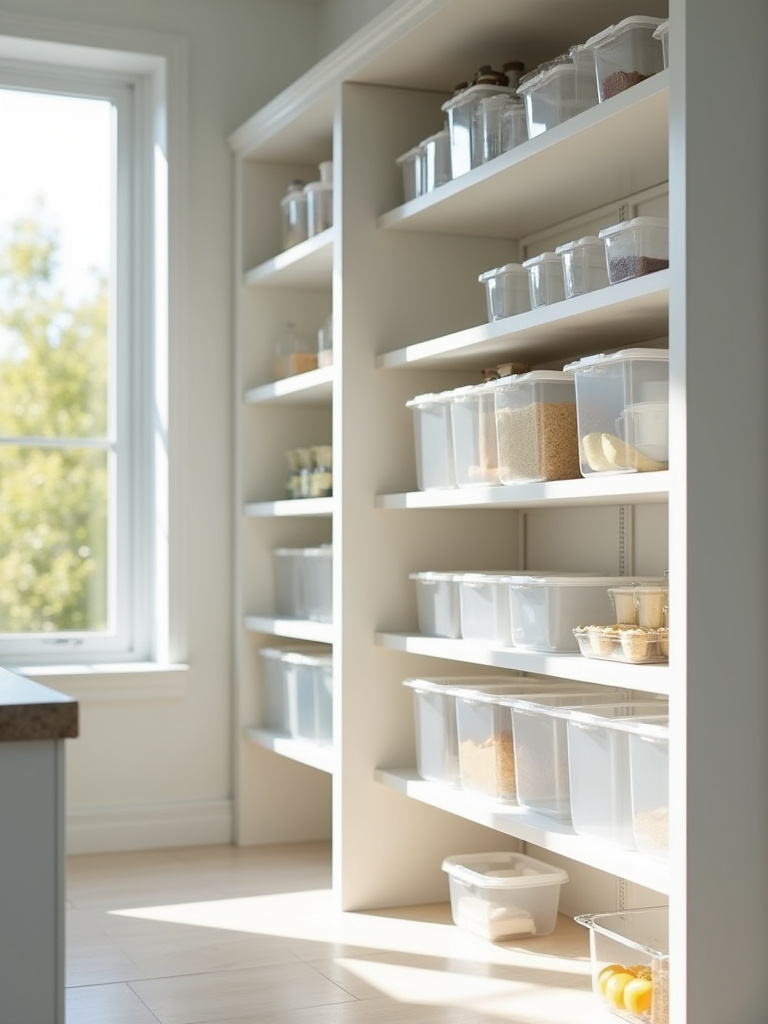 A modern kitchen pantry with adjustable, modular shelving systems, half-empty bins, and flexible storage, illustrating adaptability for evolving kitchen organizing needs.