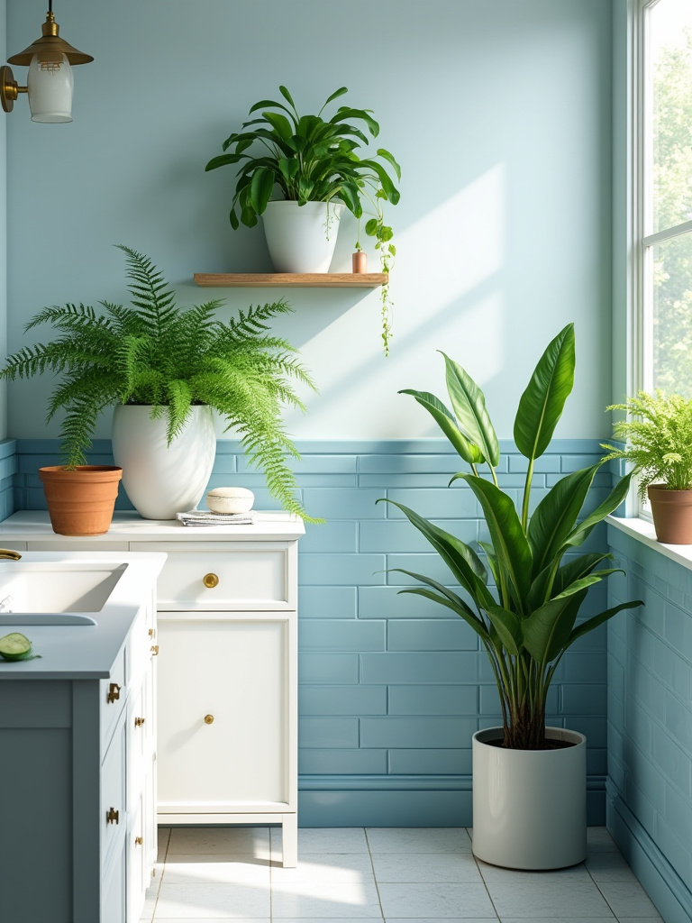 Vibrant green plants, including a Boston fern and Pothos, in a modern blue bathroom with subway tiles and a wooden shelf, creating a fresh contrast.