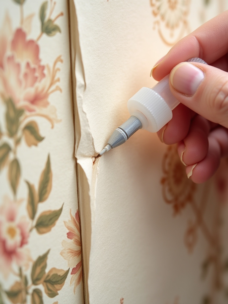 Close-up of a hand gently pressing down a seam on bohemian bathroom wallpaper with a small roller, demonstrating prompt repair and care to maintain its pristine appearance.