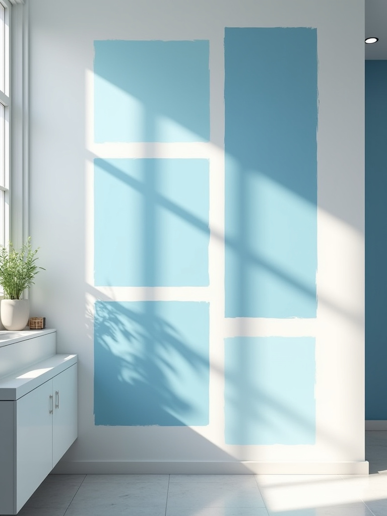 Bathroom interior with blue paint swatches on walls under natural window light and artificial LED light, showing color variation for blue bathroom decor.