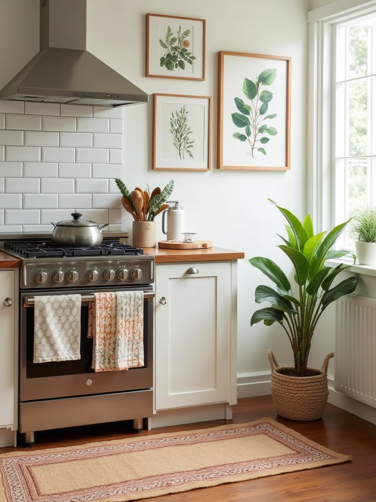 Cozy kitchen featuring a vibrant jute blend runner rug, geometric-patterned organic cotton tea towels, and a gallery wall with three framed botanical prints, showcasing budget-friendly kitchen personalization through textiles and art.